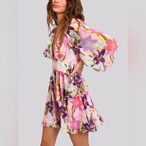 Hutch Lark Romantic Floral Ruffle Mini Dress Cottagecore Puff Sleeve Party Sz 10